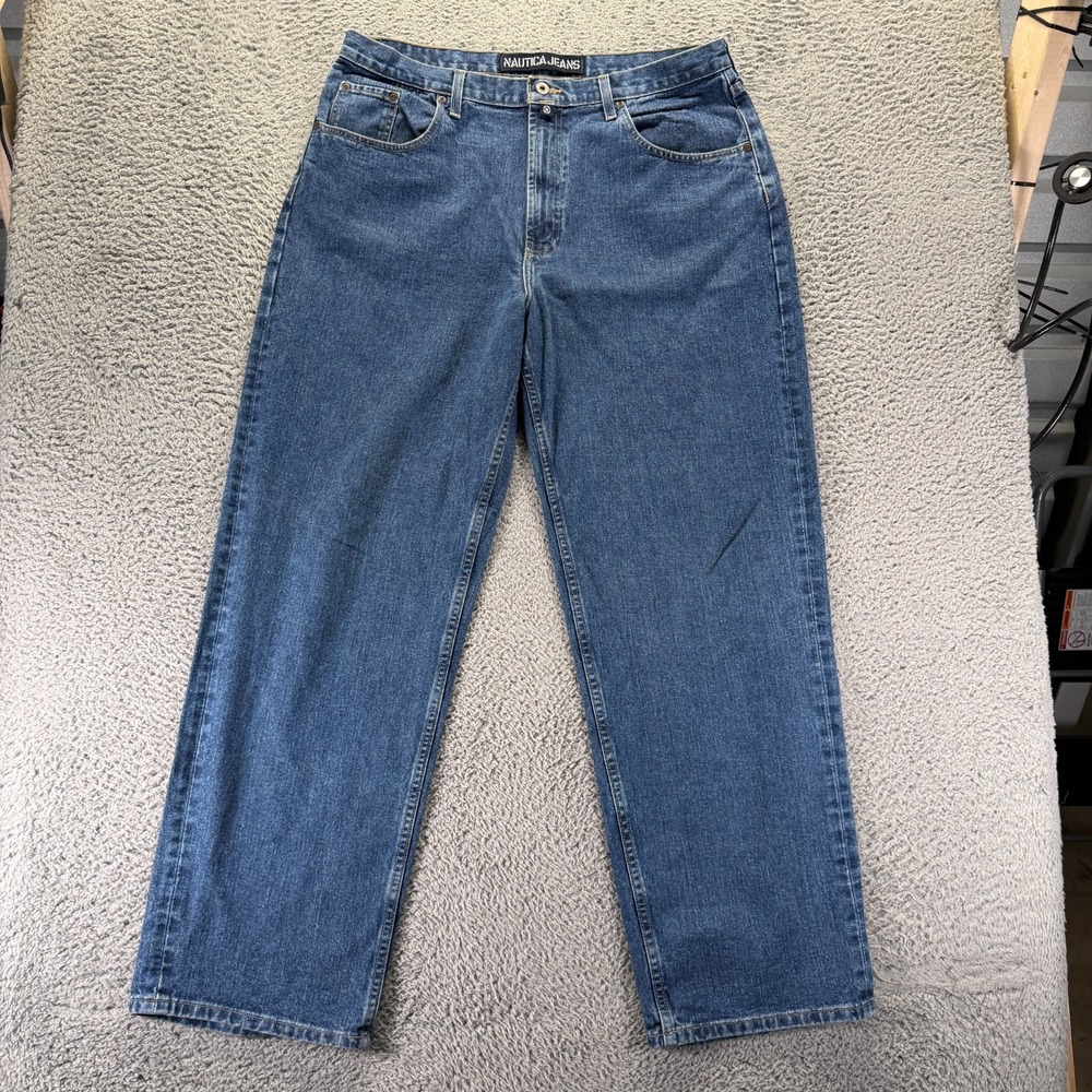 Vintage Nautica Jeans Men's 38x34 Blue Cotton Denim Straight Leg Baggy Workwear